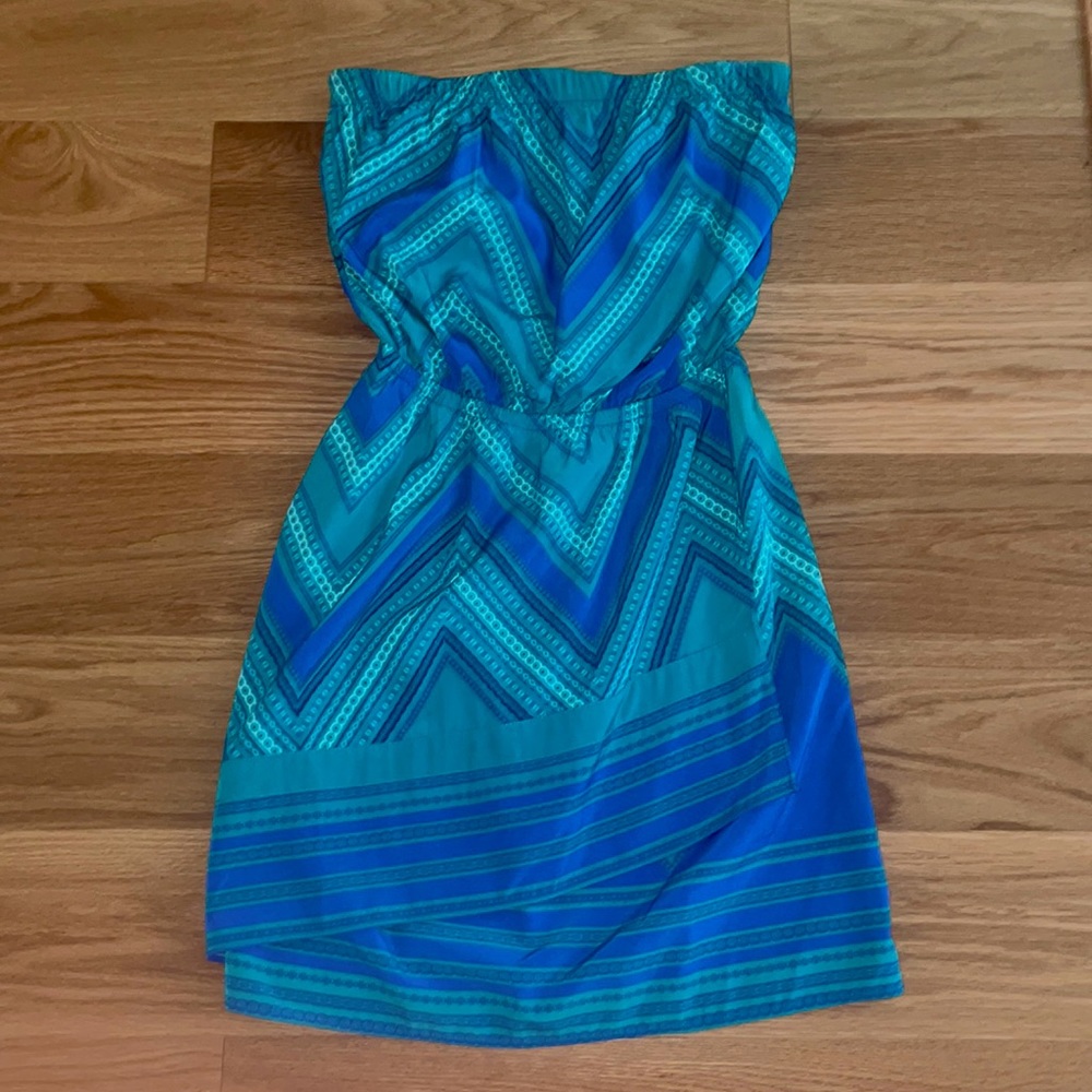Express blue & green strapless dress size XS
